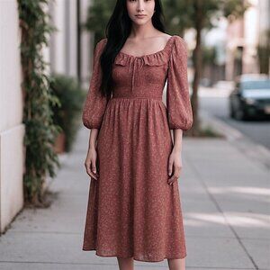 Code x Mode Anthropology Brown Purple Floral Smocked Prairie Maxi Dress Size XS